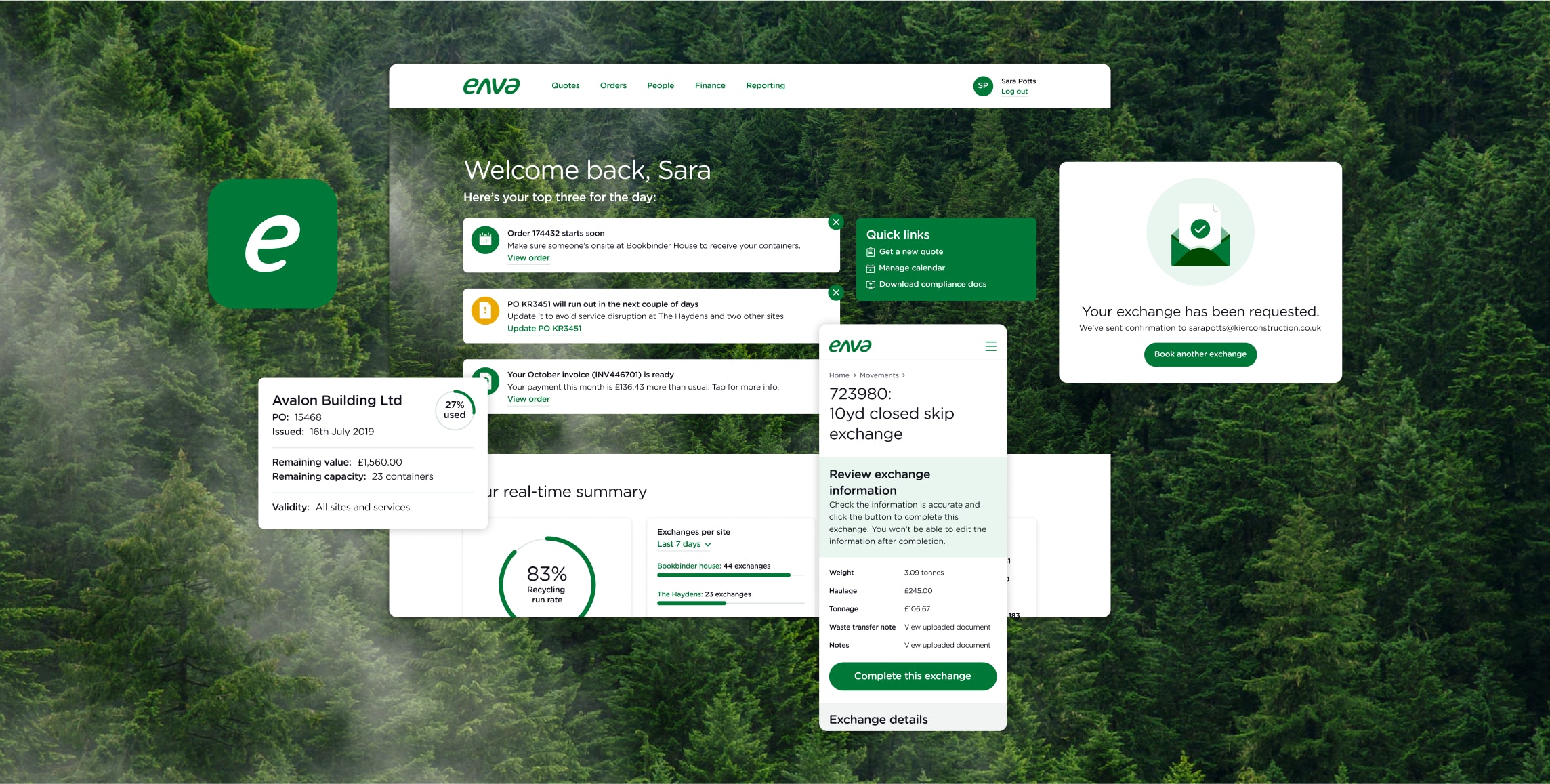 Various elements from the MyEnva webapp against a background image of a forest.