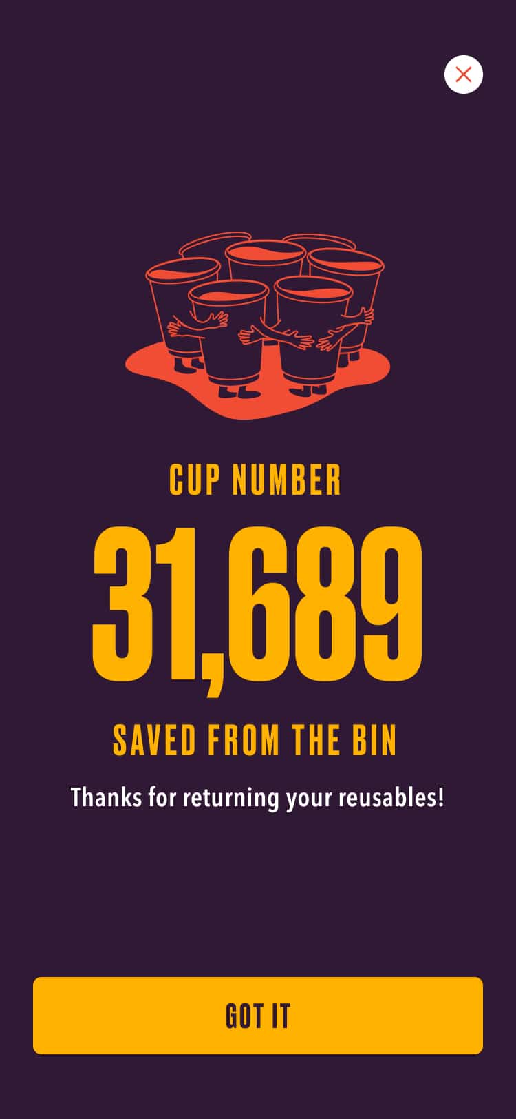 A screen from the CanCan app showing how many cups have been saved from the bin