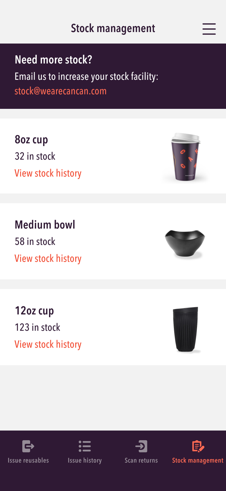 The stock management screen from the trader app, showing stock levels for two types of cup and a bowl.