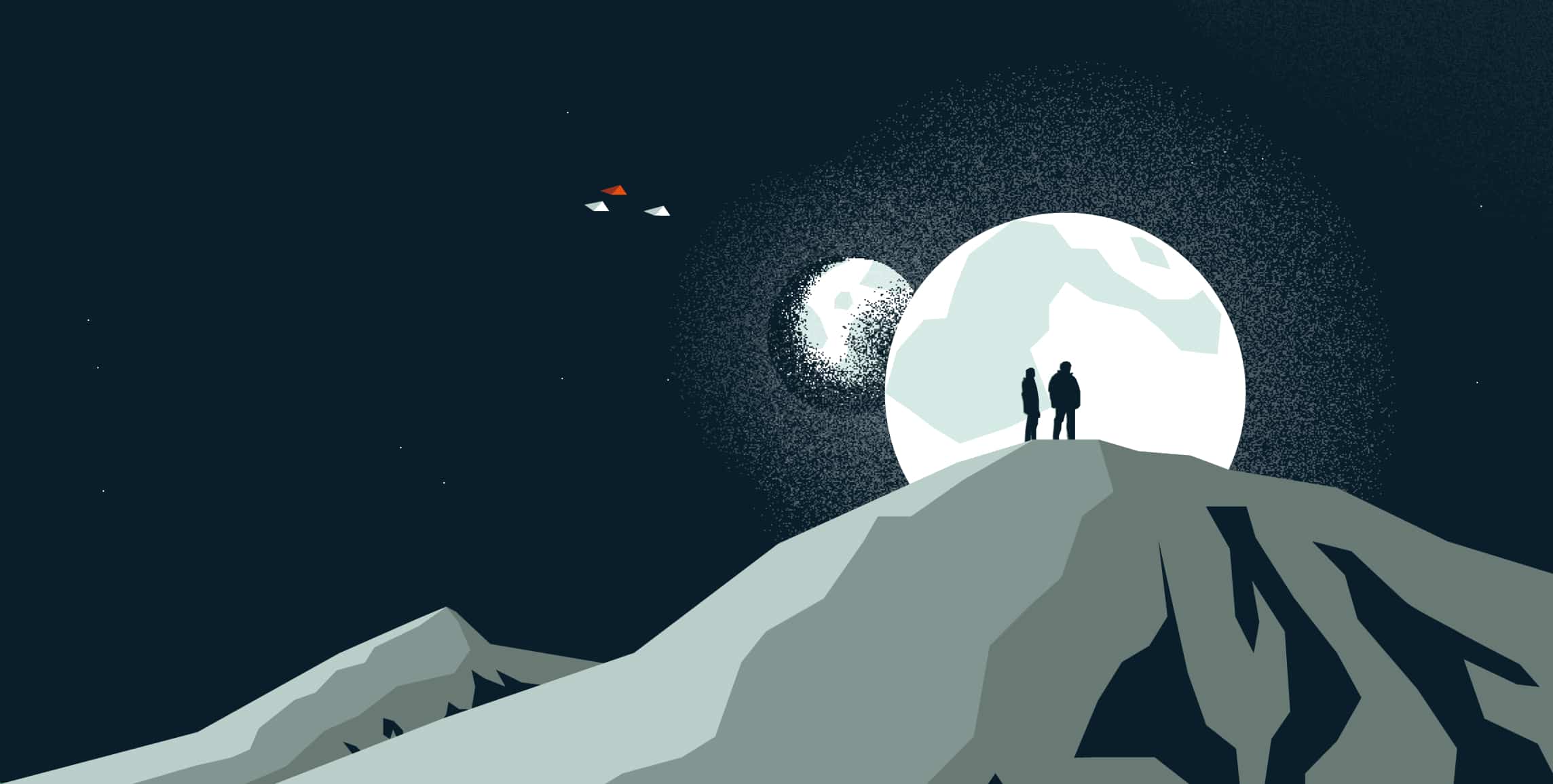 A sønr brand illustration, showing two people on top of a mountain on a strange planet, staring up at two moons as spaceships streak across the sky. Bit mad, for the insurance industry.