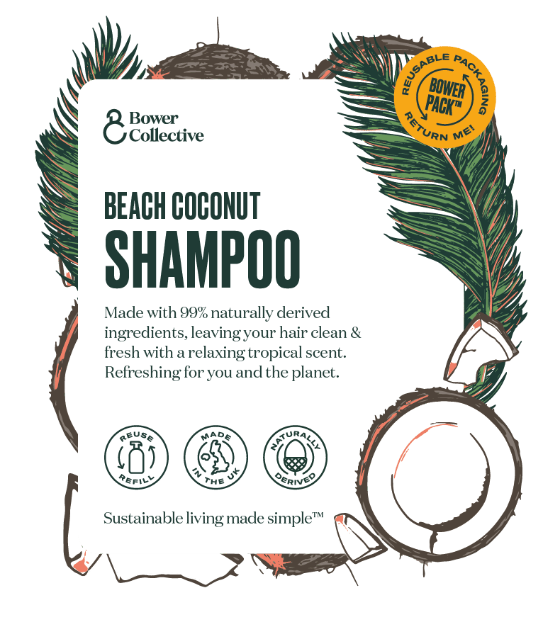 A label for Beach Coconut Shampoo, one of Bower's zero-waste products. The label's text is surrounded by digitally processed lino cut images of coconuts and palms..