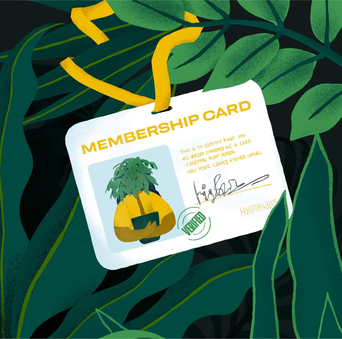 An illustration of a Hedira membership card on a yellow lanyard, against a leafy background.