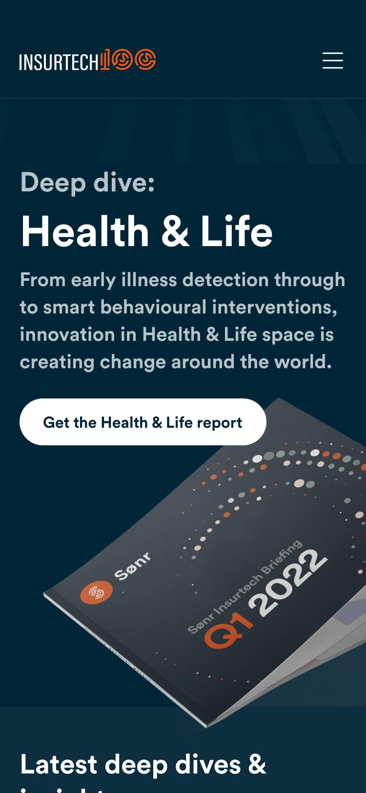 A quarterly report landing page from the Sønr Insurtech 100 site running on a smartphone.