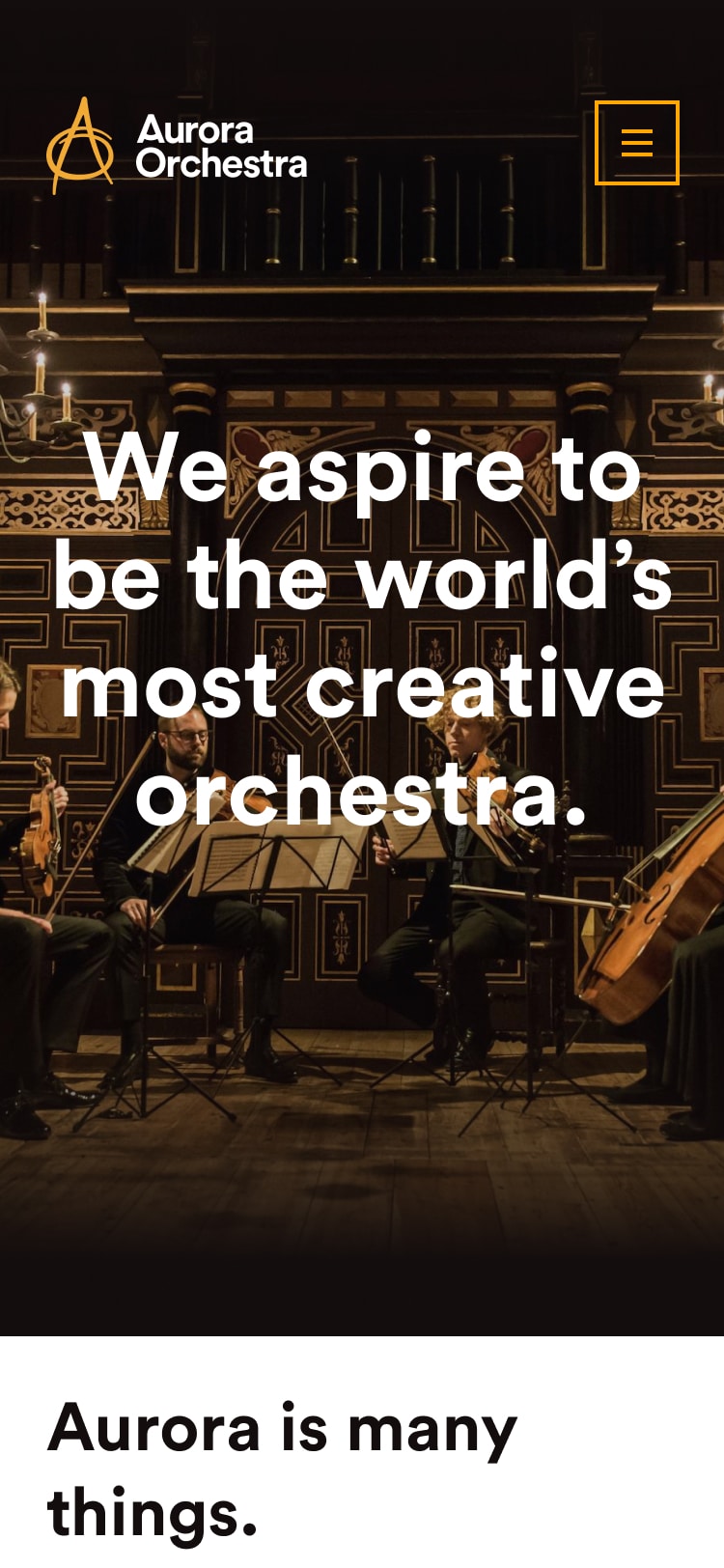 The about page of the Aurora site on a smartphone. There's a styled photo of a few performers in an oversized doll's house, with the text 'We aspire to be the world's most creative orchestra' overlaid.