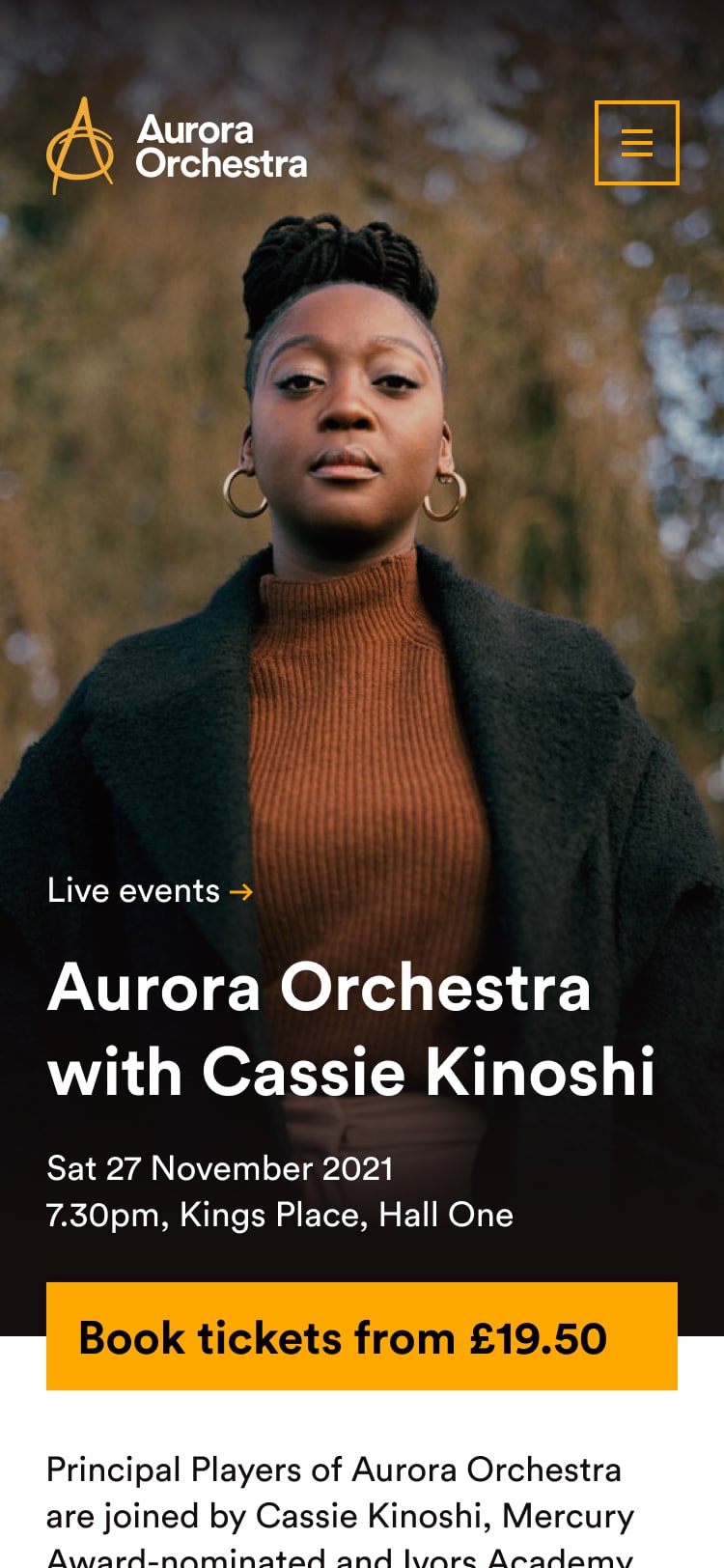 An event page from the Aurora site on a smartphone. There's a cover image for the event, overlaid with the event title and a button to buy tickets, followed by some text about the event.