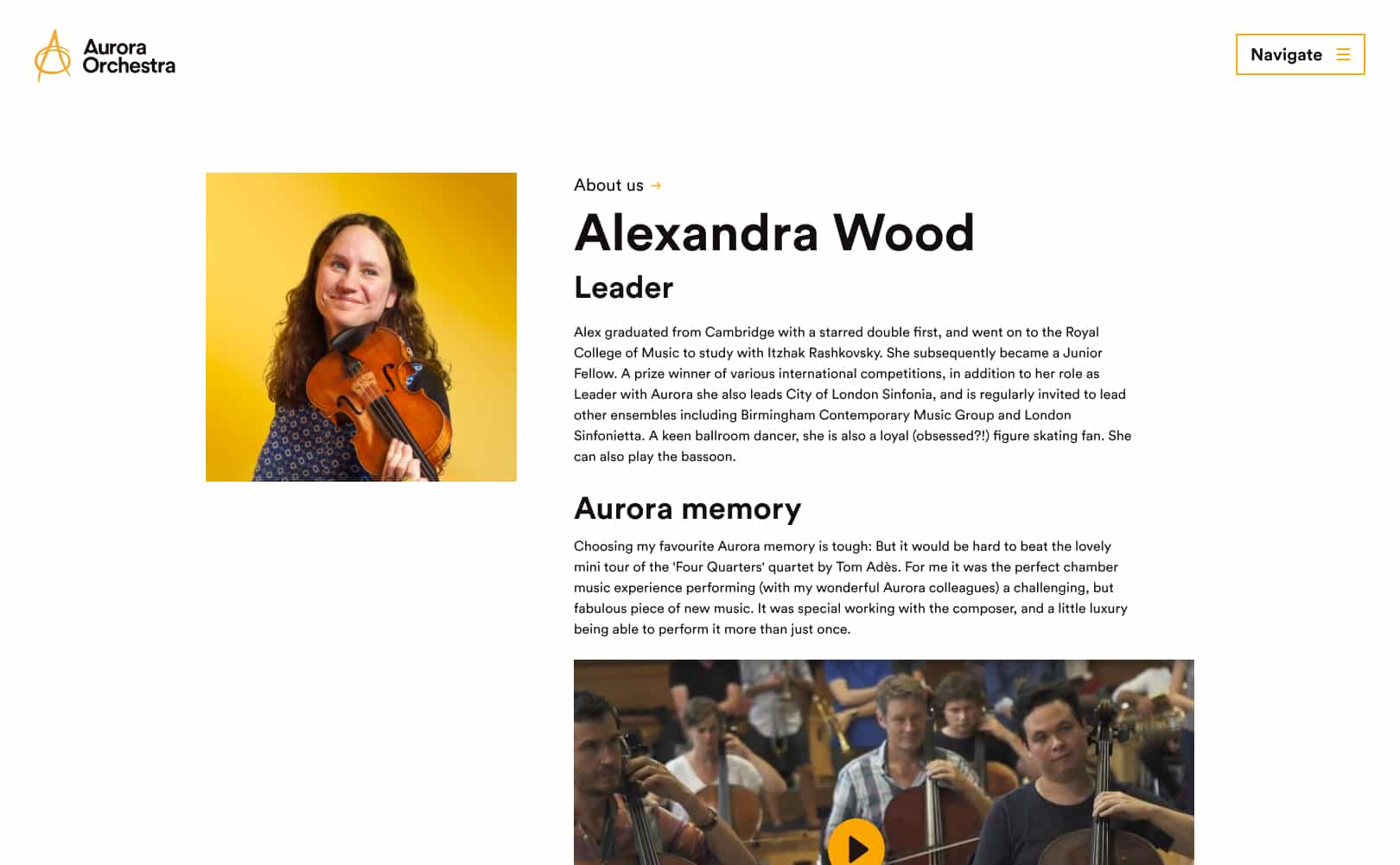 A performer page from the Aurora website, showing the profile of Alexandra Wood, a lead violinist. There's a photo of Alexandra, plus some biography text and a video.