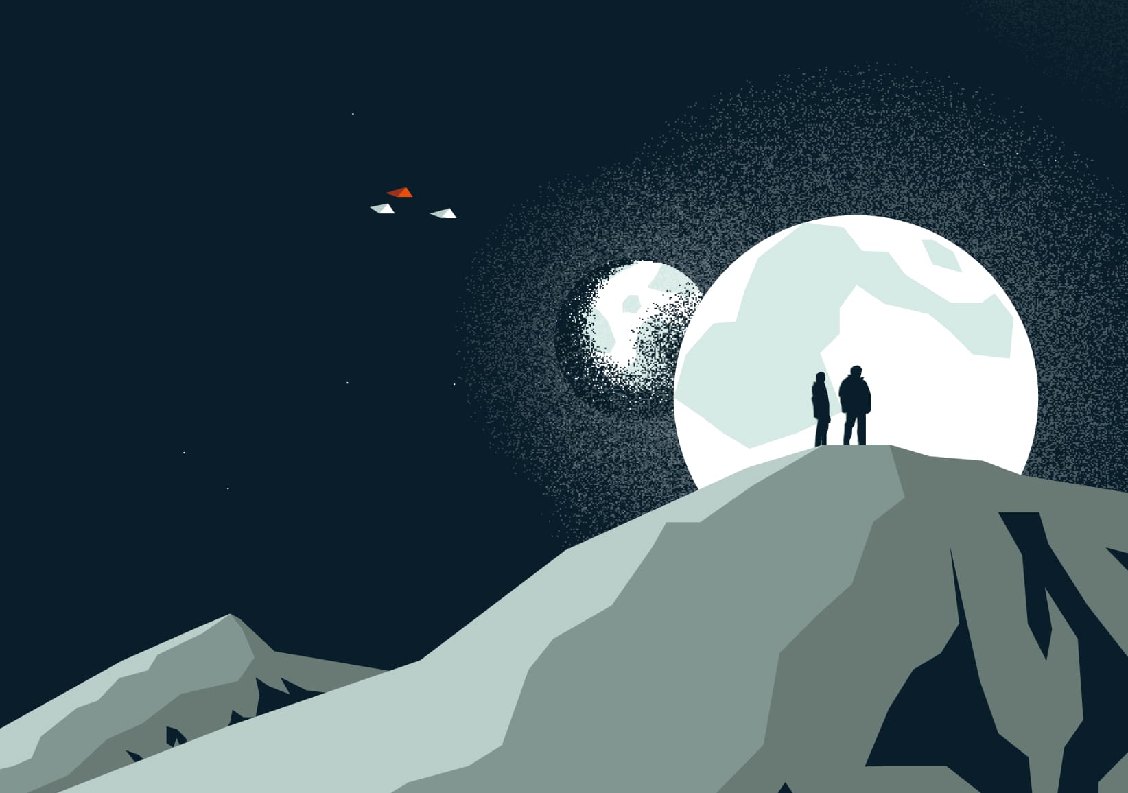 Two people stand on a mountain, silhouetted by the light from a nearby planet and its giant moon. Three spaceships fly overhead.