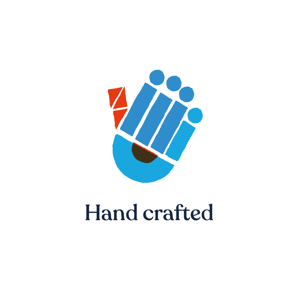 It's those woodblock shapes again, this time making the shape of a hand. Underneath it says 'Handcrafted', the second brand promise.