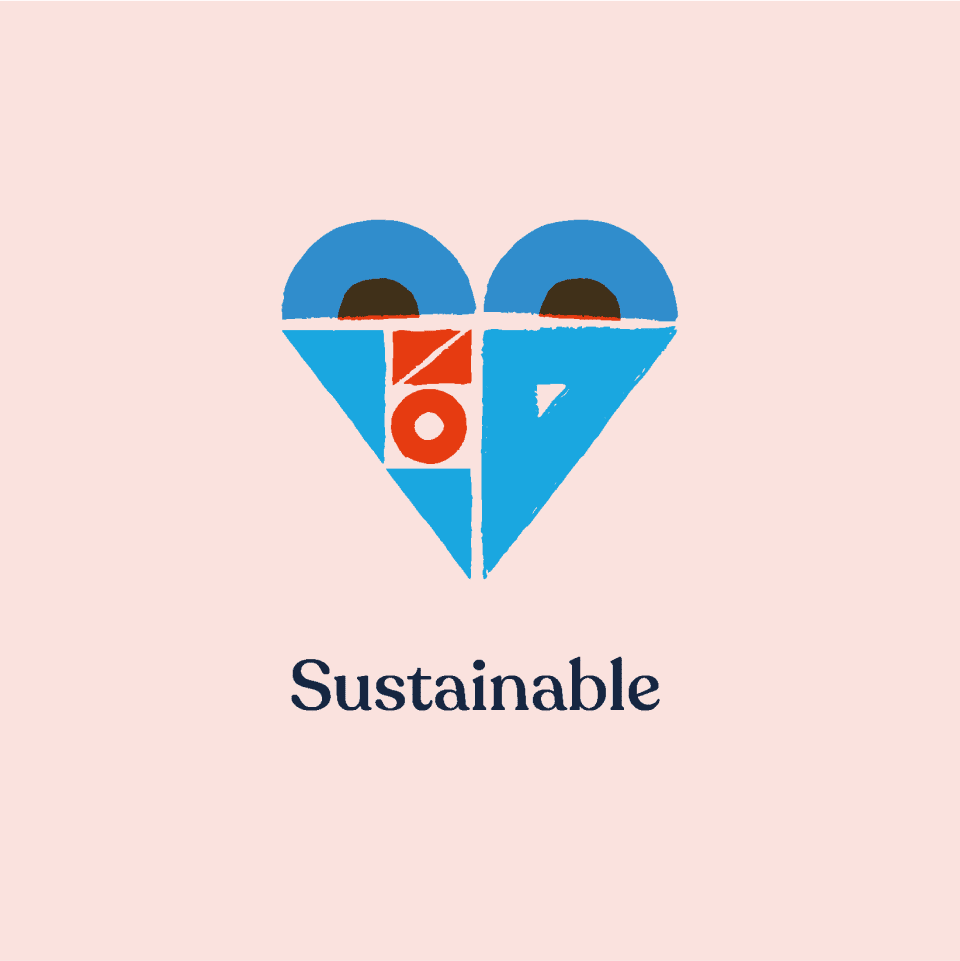 The final brand promise uses the woodblock shapes to make a heart. Underneath, text reads 'Sustainable'.