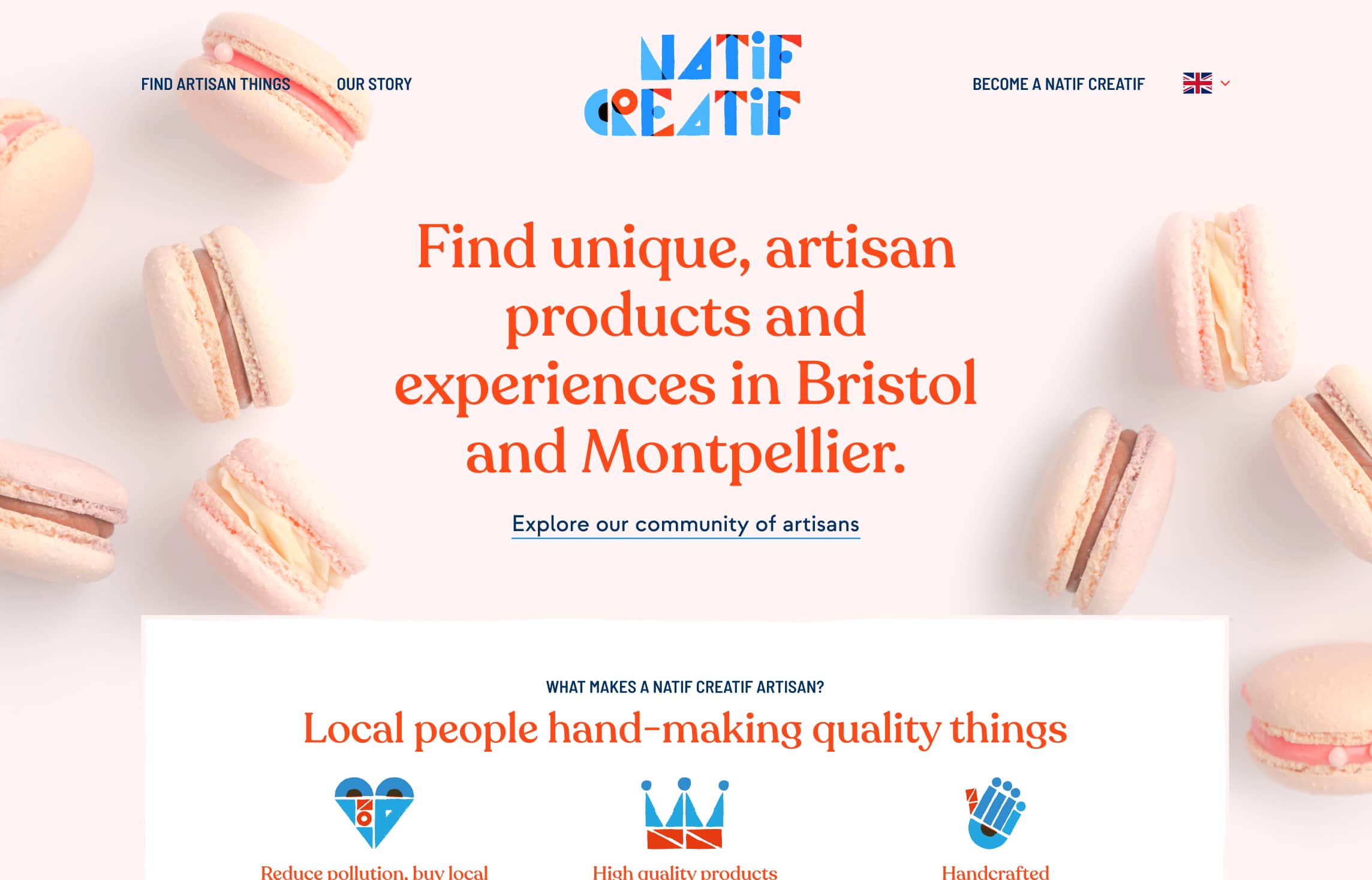 The Natif Creatif homepage running on a big screen. There are some macarons scattered around, and big text in the middle at the top saying 'Find unique, artisan products and experiences across Bristol and Montpellier'. Underneath that, there's a section explaining how NC works.