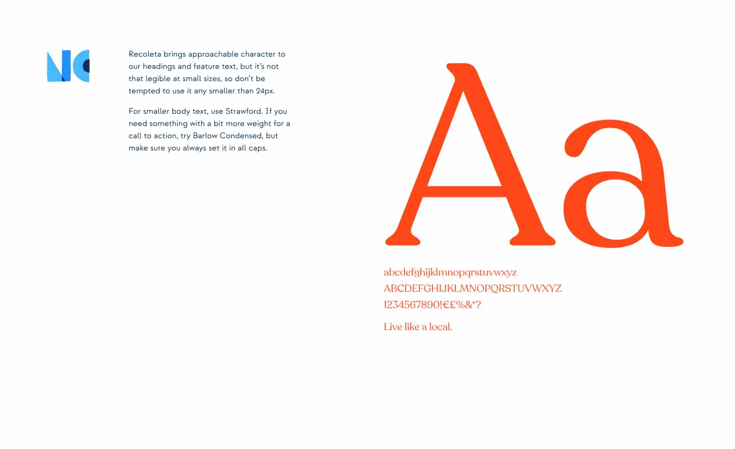 Another page from the guidelines, showing some typeface specs for the primary brand font, Recoleta, which is a soft, modern semi-sans.